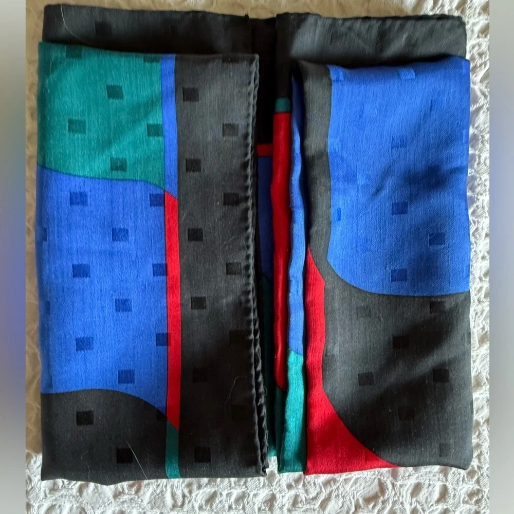Ginnie Johansen Vintage Silk Scarf 35” Black Blue Green Red Rolled Edges